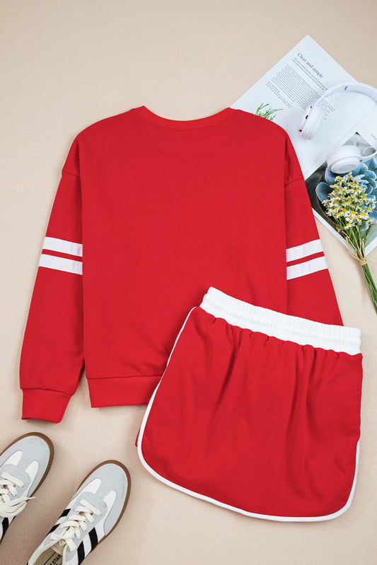 Orange Varsity Stripe Detail Drop Shoulder Pullover Mini Skirt Set
