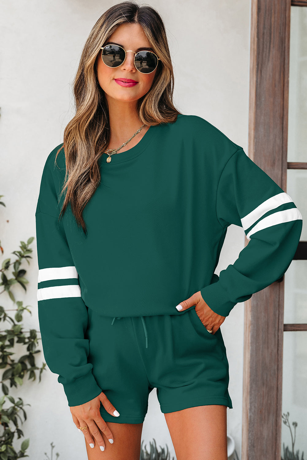 Fiery Red Varsity Striped Sleeve Drop Shoulder Sweatshirt and Short Set