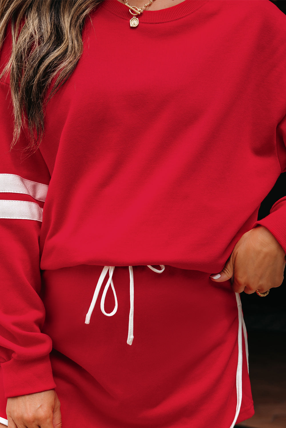 Orange Varsity Stripe Detail Drop Shoulder Pullover Mini Skirt Set