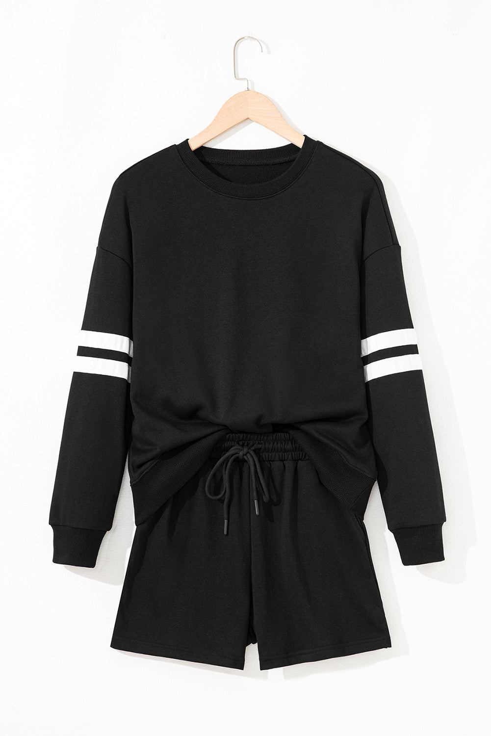 Fiery Red Varsity Striped Sleeve Drop Shoulder Sweatshirt and Short Set