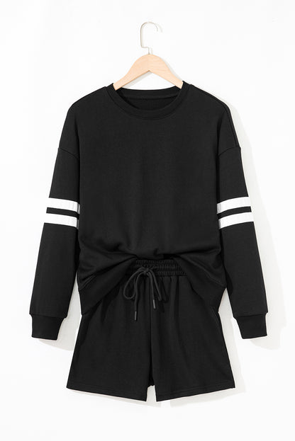 Fiery Red Varsity Striped Sleeve Drop Shoulder Sweatshirt and Short Set