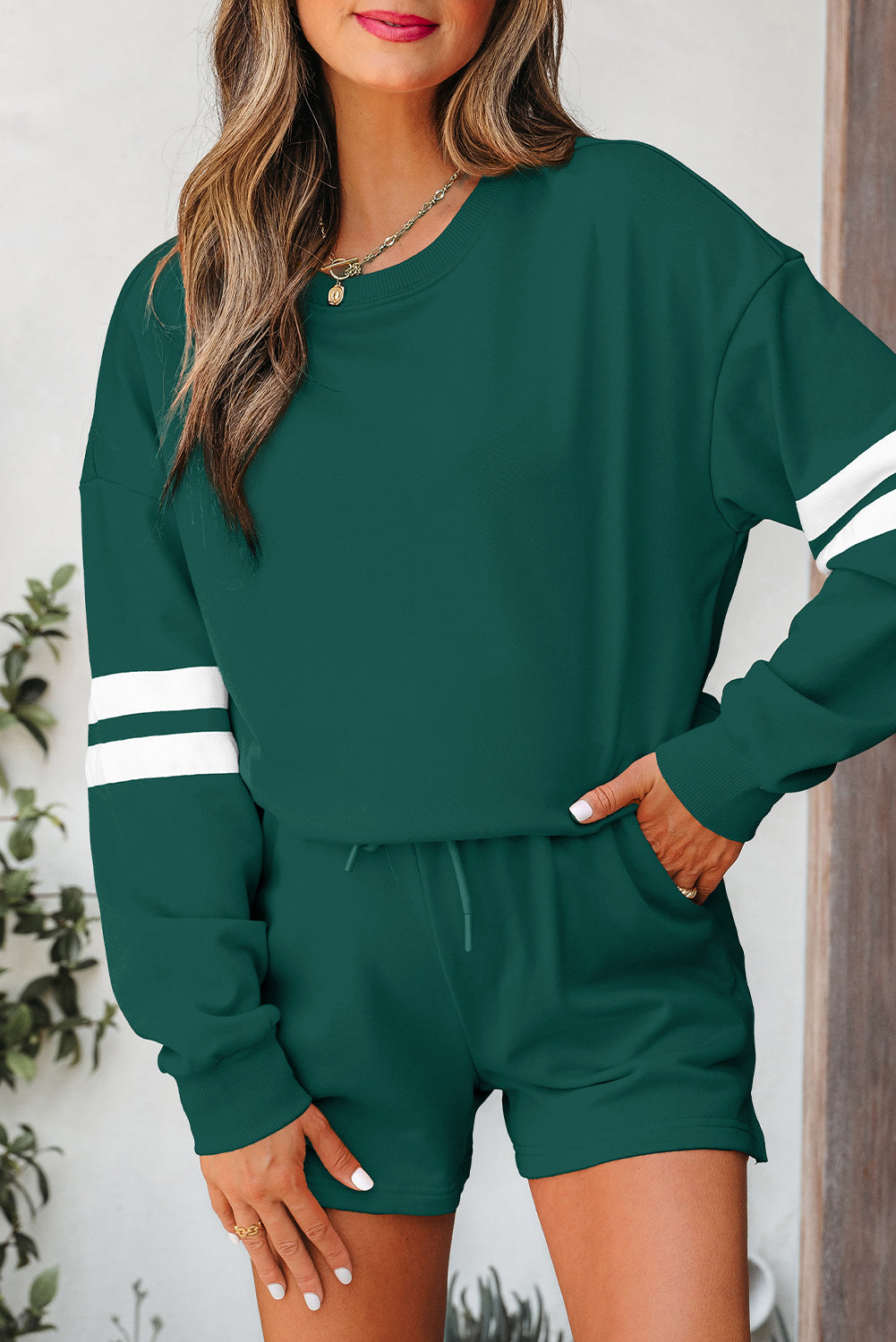 Fiery Red Varsity Striped Sleeve Drop Shoulder Sweatshirt and Short Set