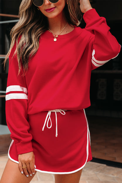 Orange Varsity Stripe Detail Drop Shoulder Pullover Mini Skirt Set