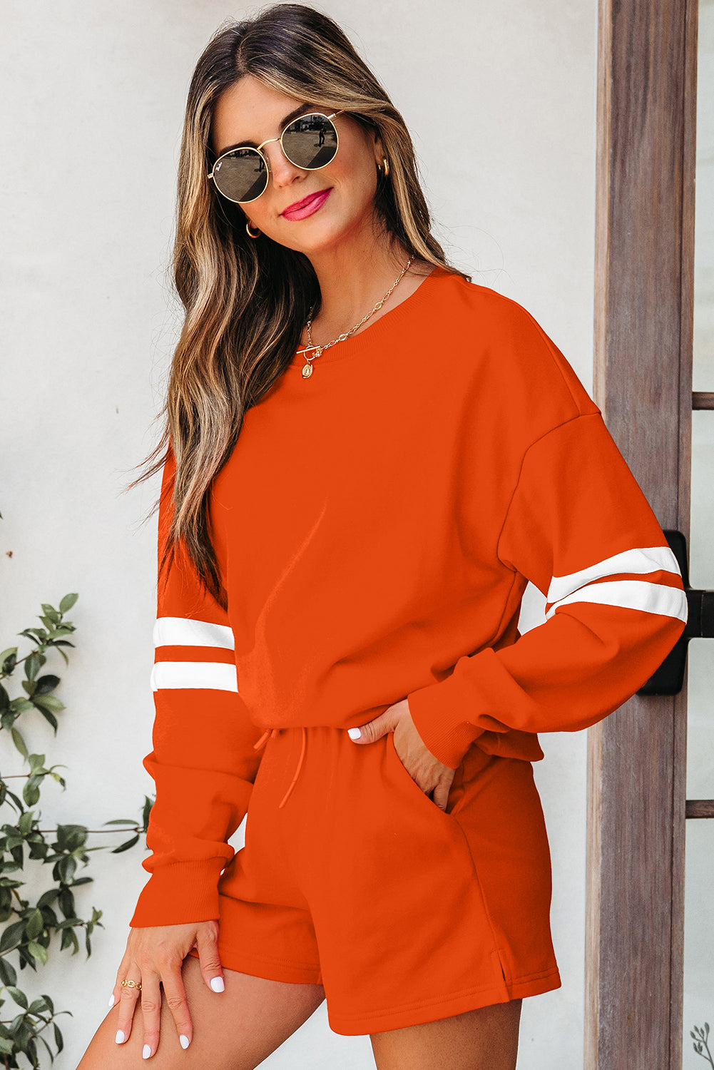 Fiery Red Varsity Striped Sleeve Drop Shoulder Sweatshirt and Short Set