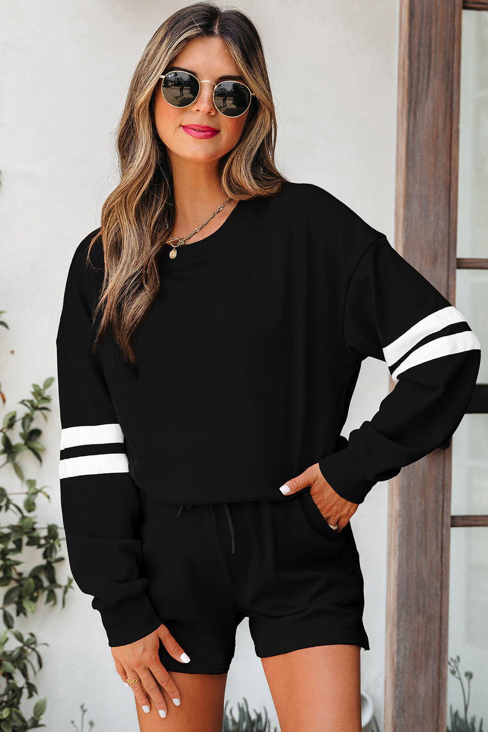 Fiery Red Varsity Striped Sleeve Drop Shoulder Sweatshirt and Short Set