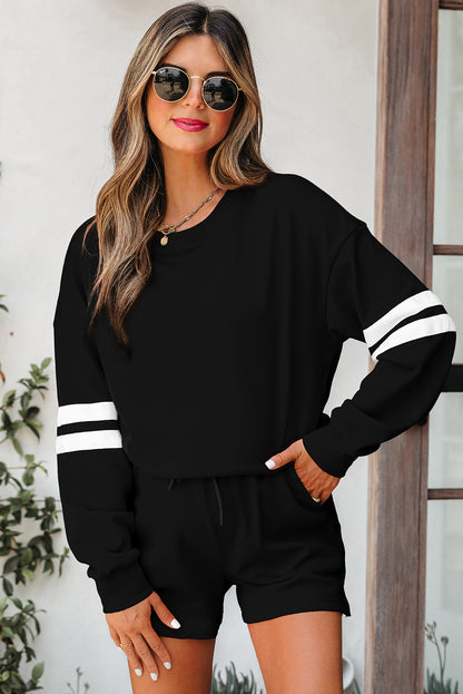 Fiery Red Varsity Striped Sleeve Drop Shoulder Sweatshirt and Short Set
