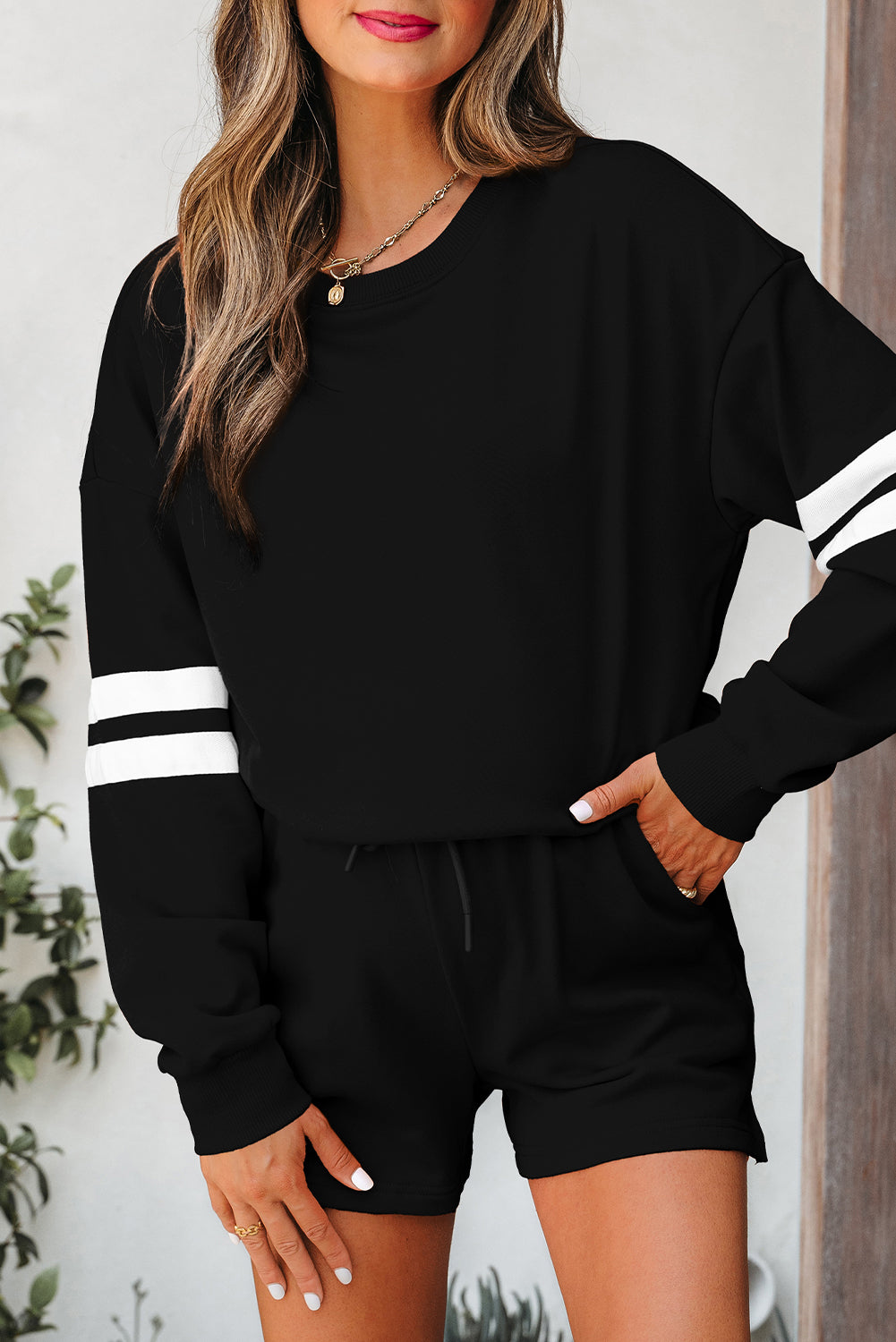 Fiery Red Varsity Striped Sleeve Drop Shoulder Sweatshirt and Short Set