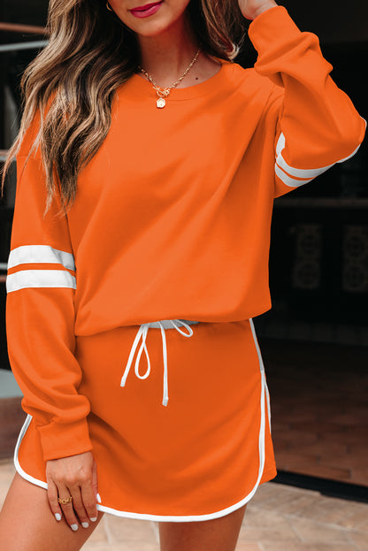 Orange Varsity Stripe Detail Drop Shoulder Pullover Mini Skirt Set