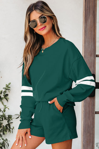 Fiery Red Varsity Striped Sleeve Drop Shoulder Sweatshirt and Short Set