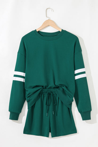 Fiery Red Varsity Striped Sleeve Drop Shoulder Sweatshirt and Short Set