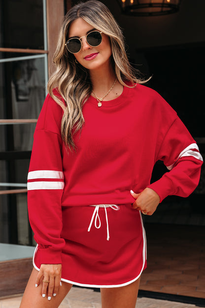 Orange Varsity Stripe Detail Drop Shoulder Pullover Mini Skirt Set