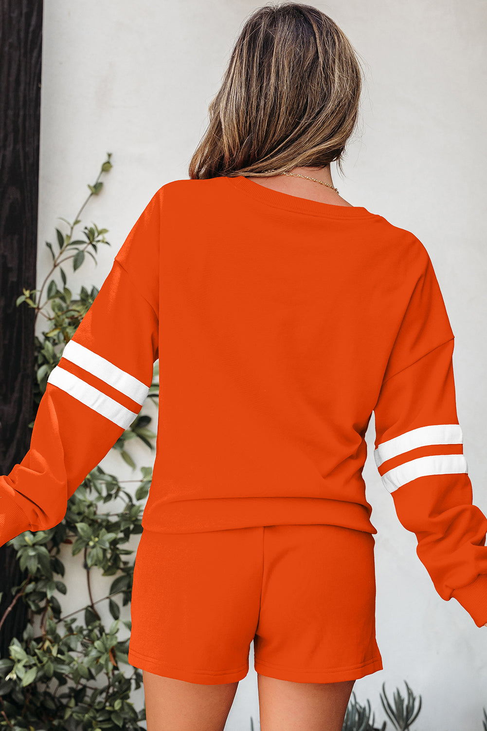 Fiery Red Varsity Striped Sleeve Drop Shoulder Sweatshirt and Short Set