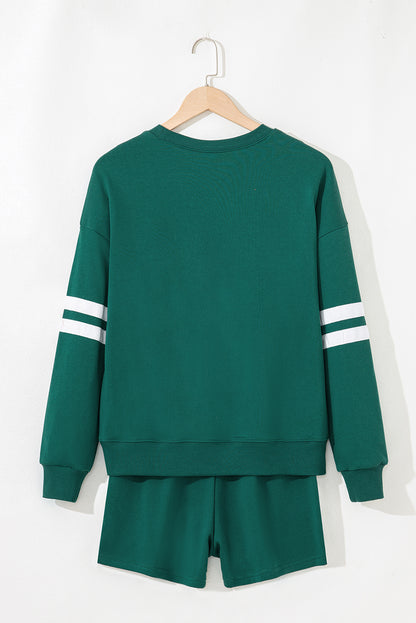 Fiery Red Varsity Striped Sleeve Drop Shoulder Sweatshirt and Short Set