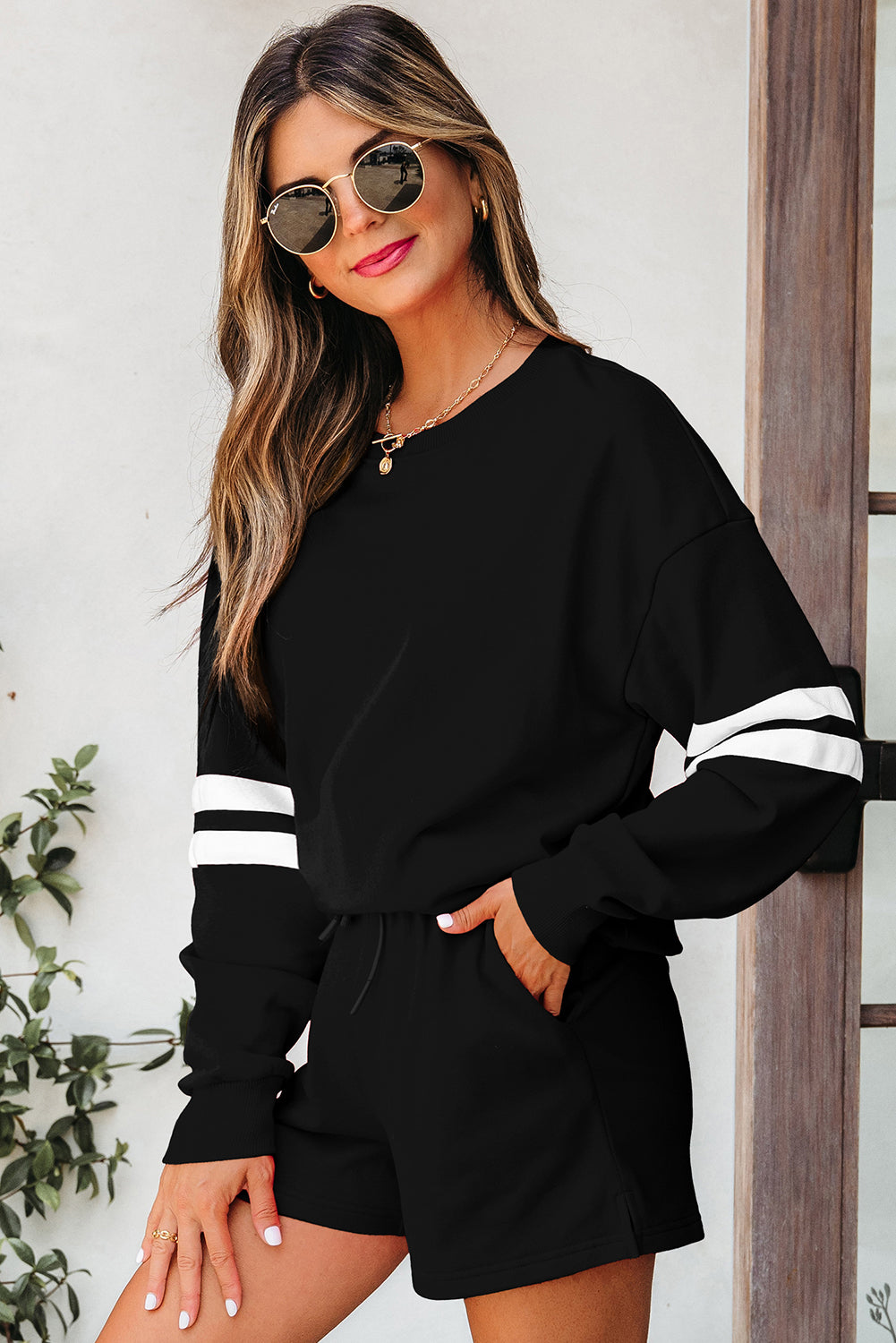 Fiery Red Varsity Striped Sleeve Drop Shoulder Sweatshirt and Short Set