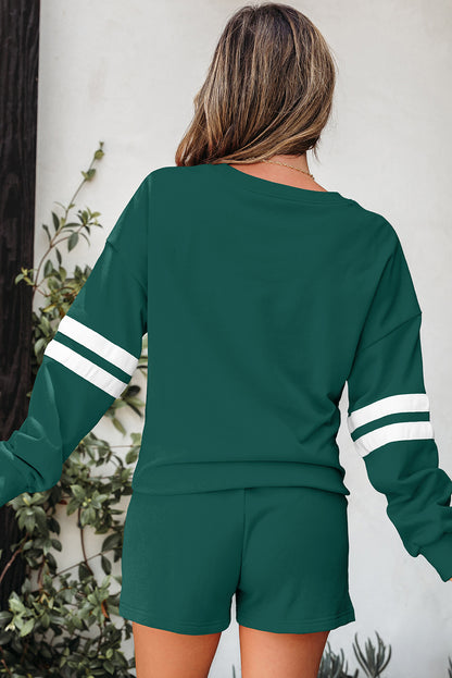 Fiery Red Varsity Striped Sleeve Drop Shoulder Sweatshirt and Short Set