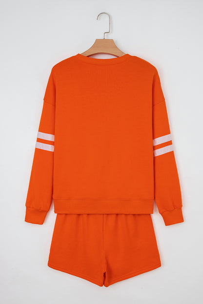 Fiery Red Varsity Striped Sleeve Drop Shoulder Sweatshirt and Short Set