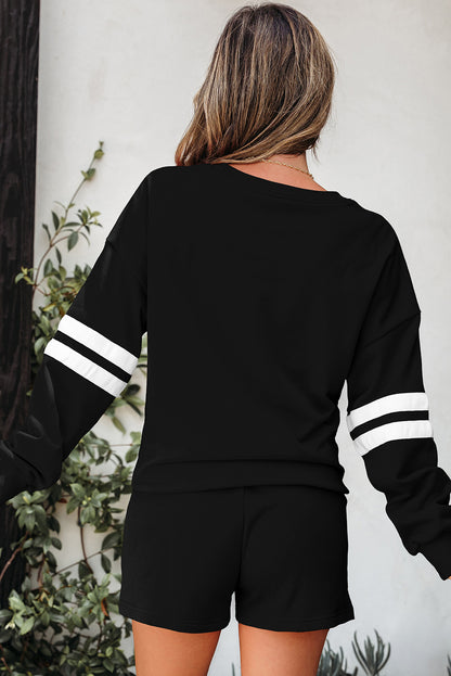 Fiery Red Varsity Striped Sleeve Drop Shoulder Sweatshirt and Short Set