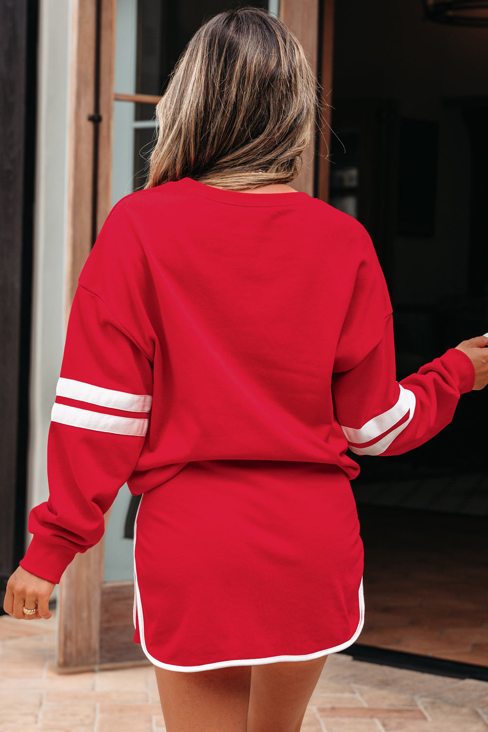 Orange Varsity Stripe Detail Drop Shoulder Pullover Mini Skirt Set