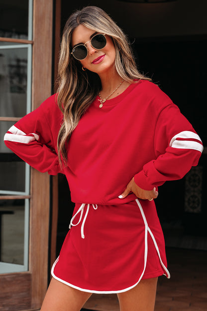 Orange Varsity Stripe Detail Drop Shoulder Pullover Mini Skirt Set