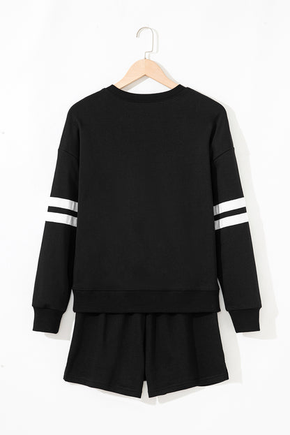 Fiery Red Varsity Striped Sleeve Drop Shoulder Sweatshirt and Short Set
