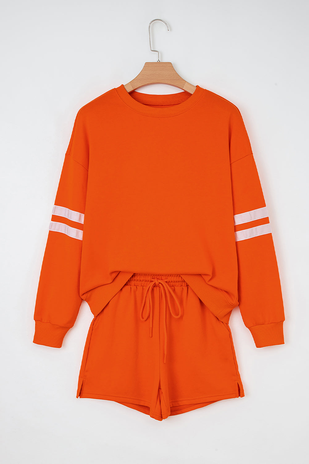 Fiery Red Varsity Striped Sleeve Drop Shoulder Sweatshirt and Short Set