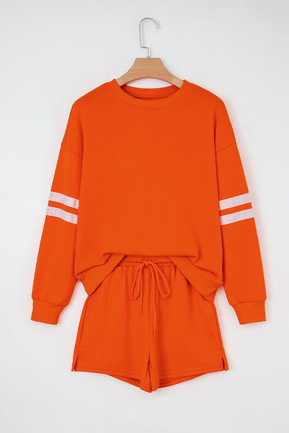 Fiery Red Varsity Striped Sleeve Drop Shoulder Sweatshirt and Short Set
